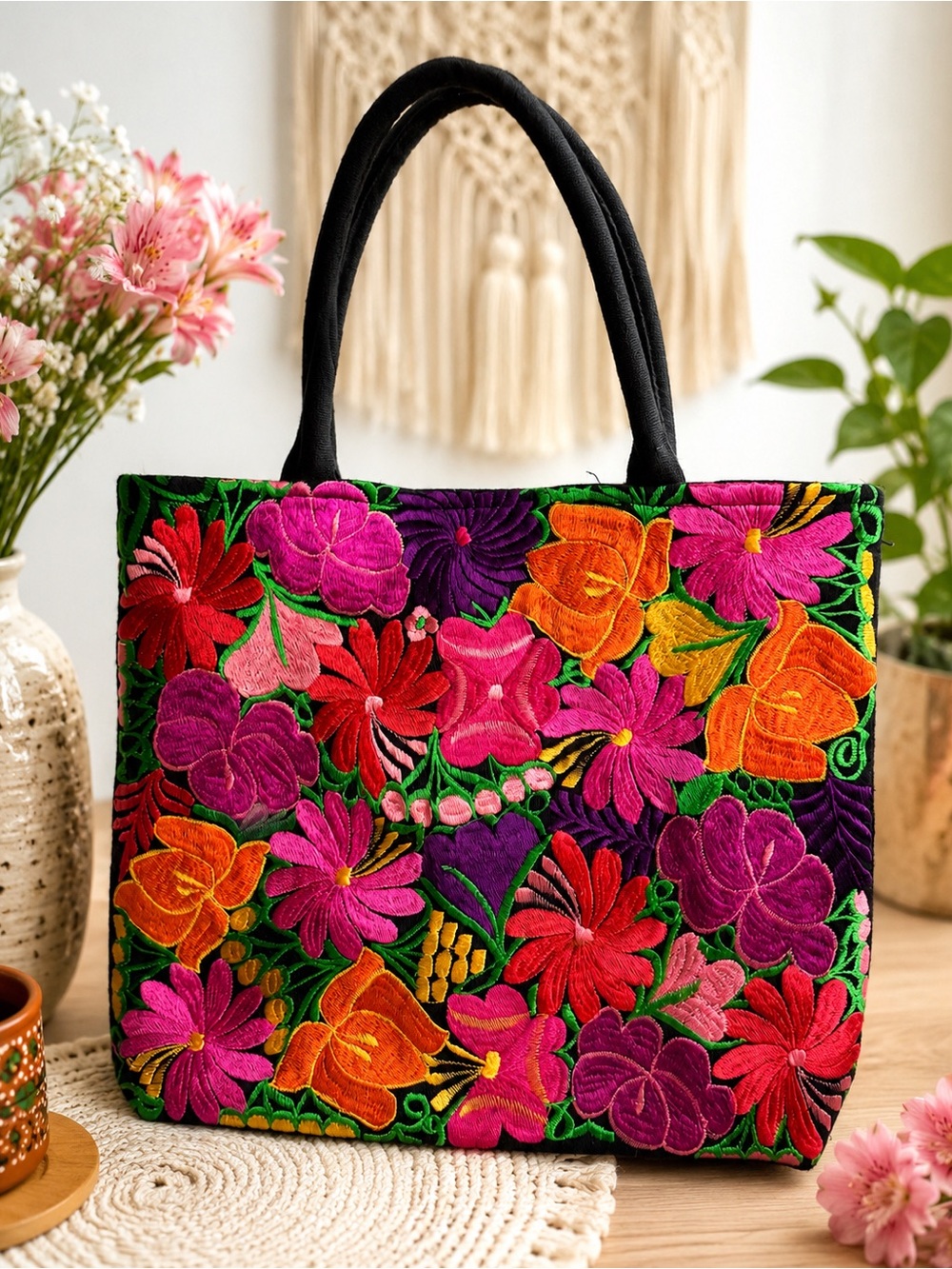 Handmade Mexican Embroidered Floral Tote Bag Black Canvas Colorful Flowers Zip